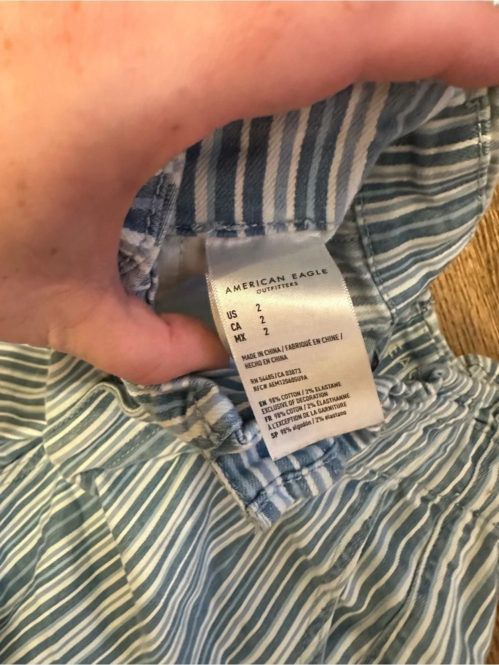 American Eagle Light Blue Striped Paperbag Waist Women's Shorts